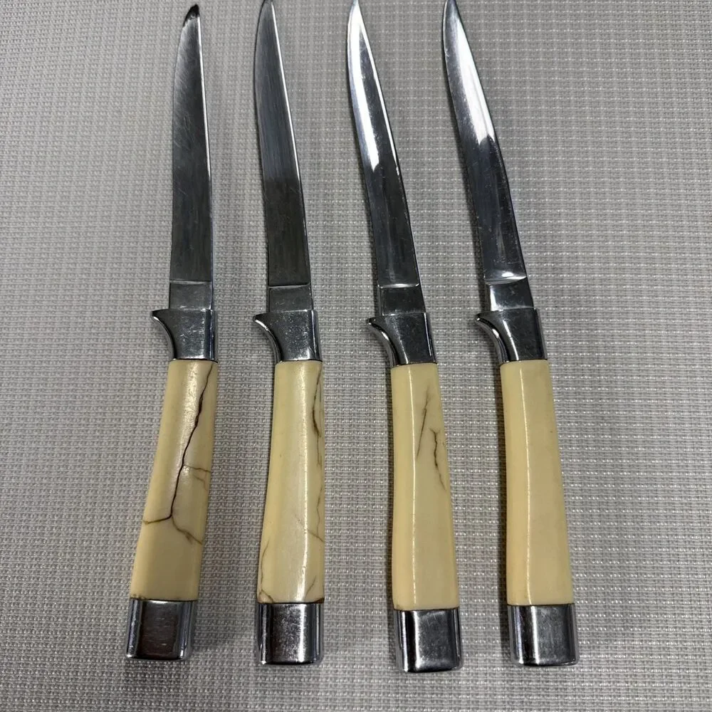 Set of 4 Vintage Briddell Steak Knifes Cream Handle MCM Kitchen w/ knife caddy